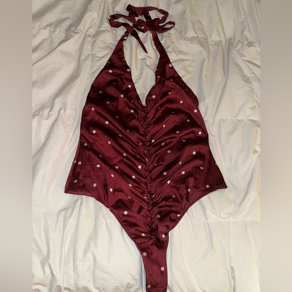 Burgundy Polka Dot Halter Bodysuit